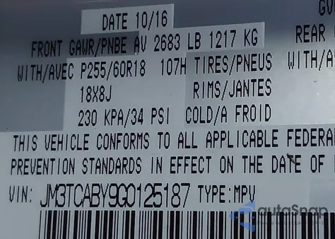 2016 Mazda Cx-9 Sport z USA, uszkodzony, nr VIN JM3TCABY9G0125187